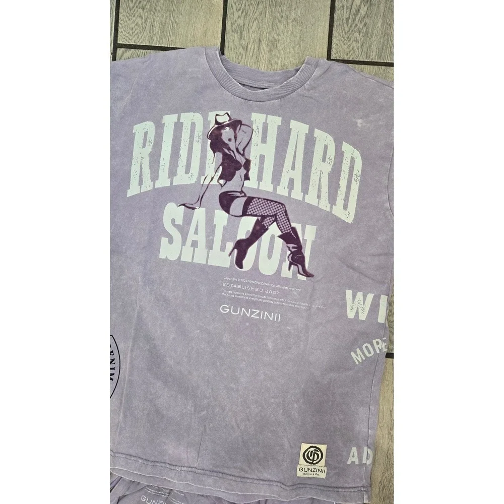 Gunzinii Denim Co Mens Purple Ride Hard Saloon Graphic T-Shirt Sweatpants Set L